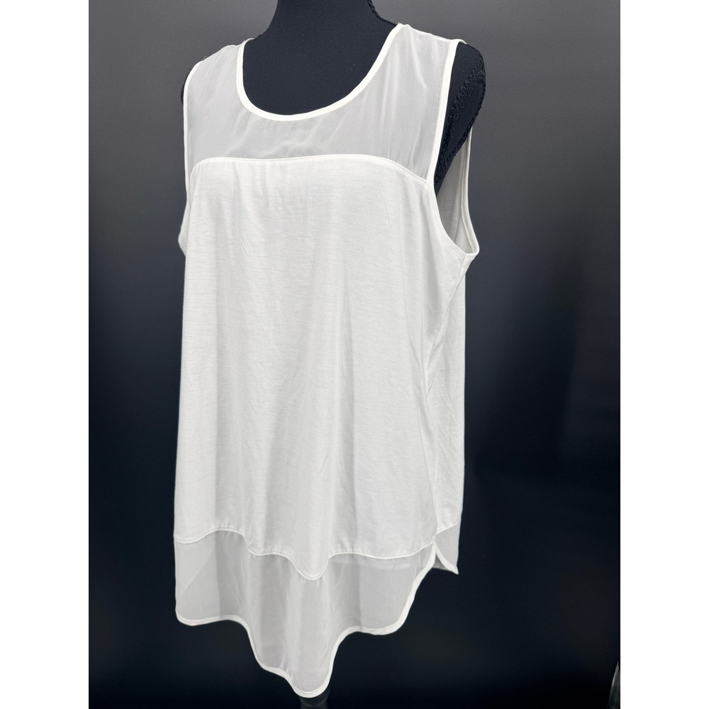 Chico's Tank Top Women 2 White Excellent Sheer Mesh Trim High-Low Mixed Media